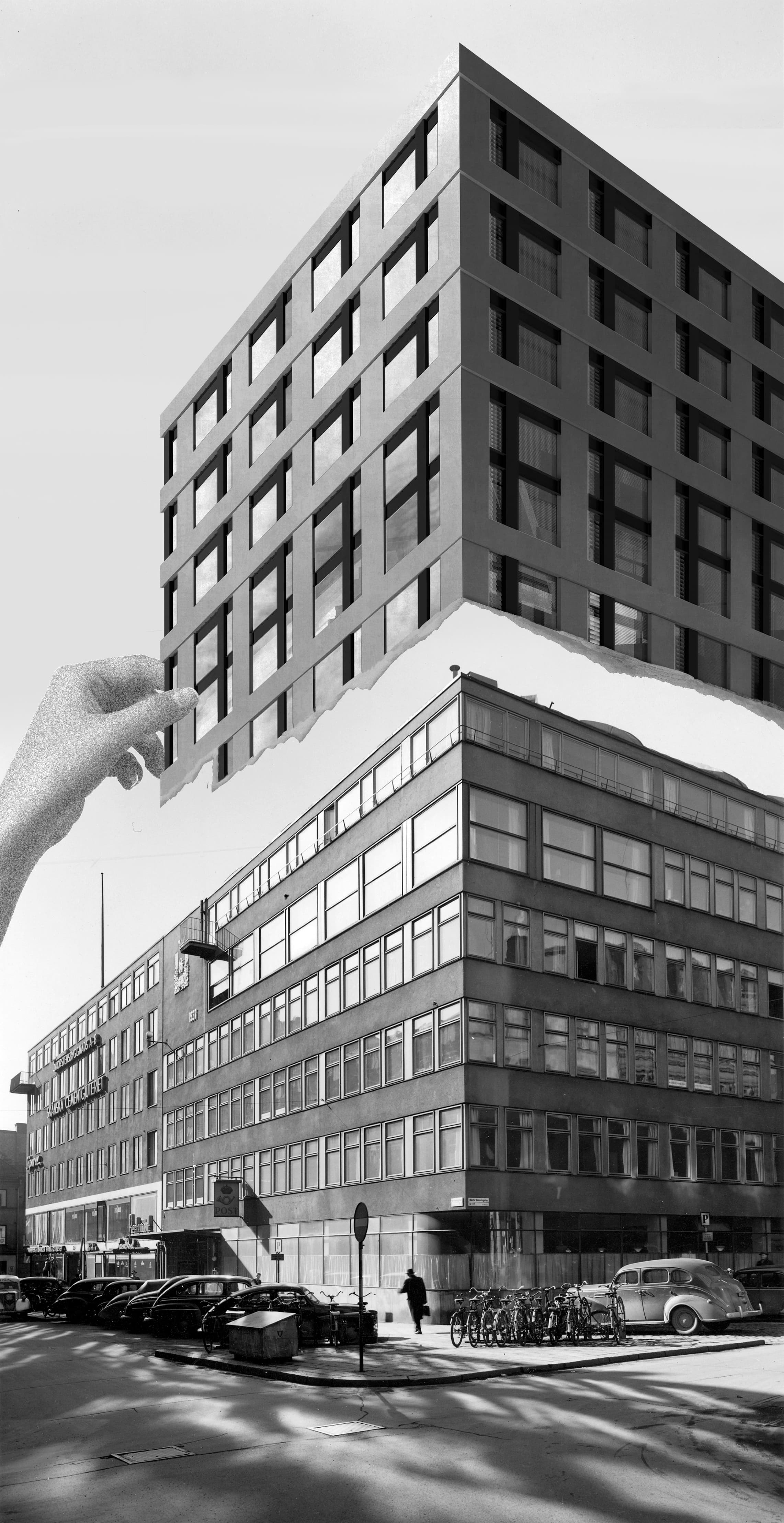 Collage of parasitic addition atop existing building