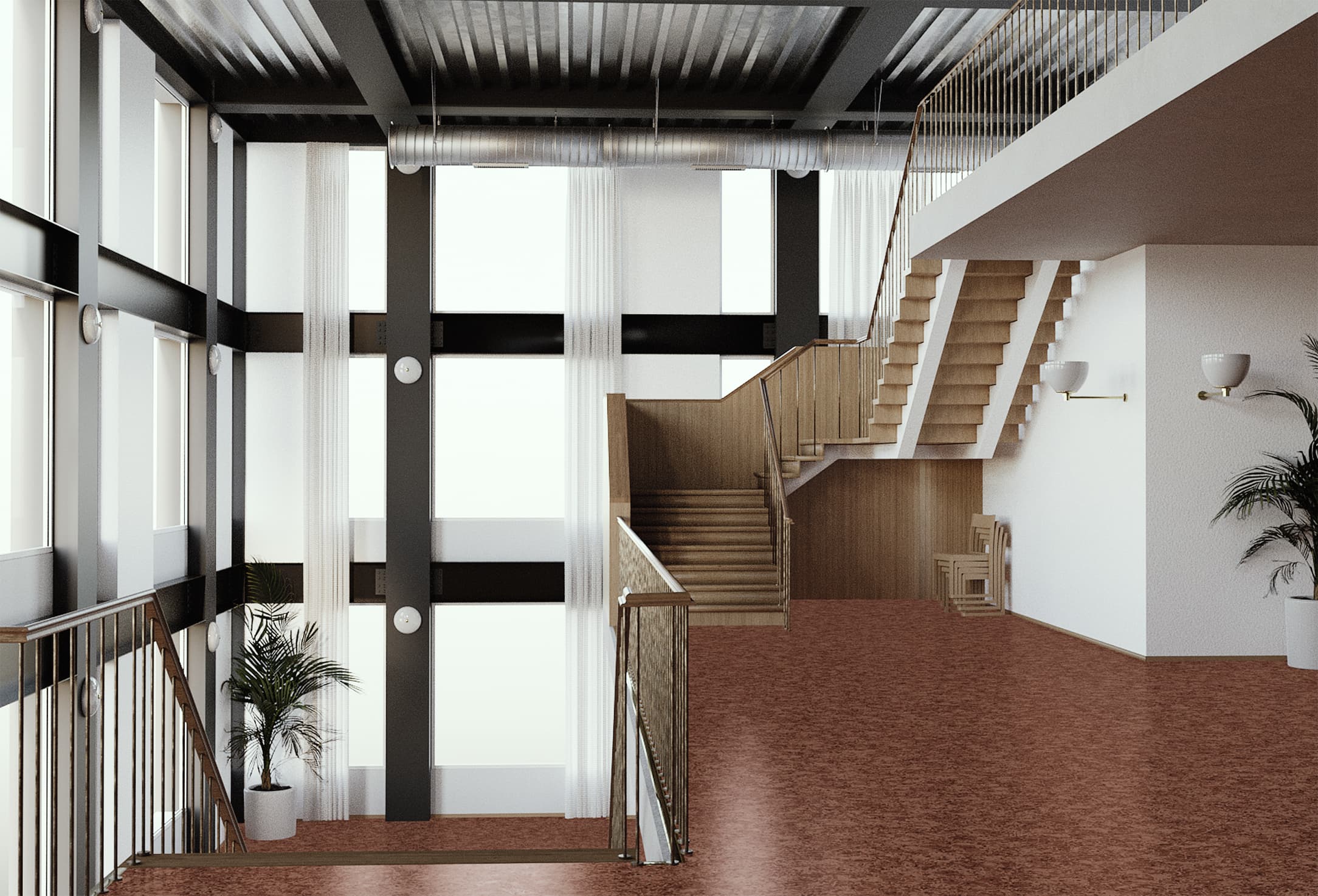 Interior with double-height glazing and timber staircase