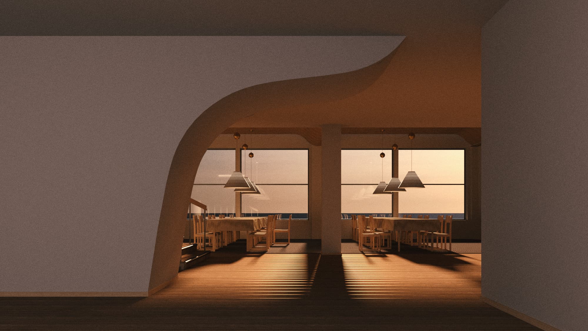 Dining area with curved timber ceiling and pendant lights