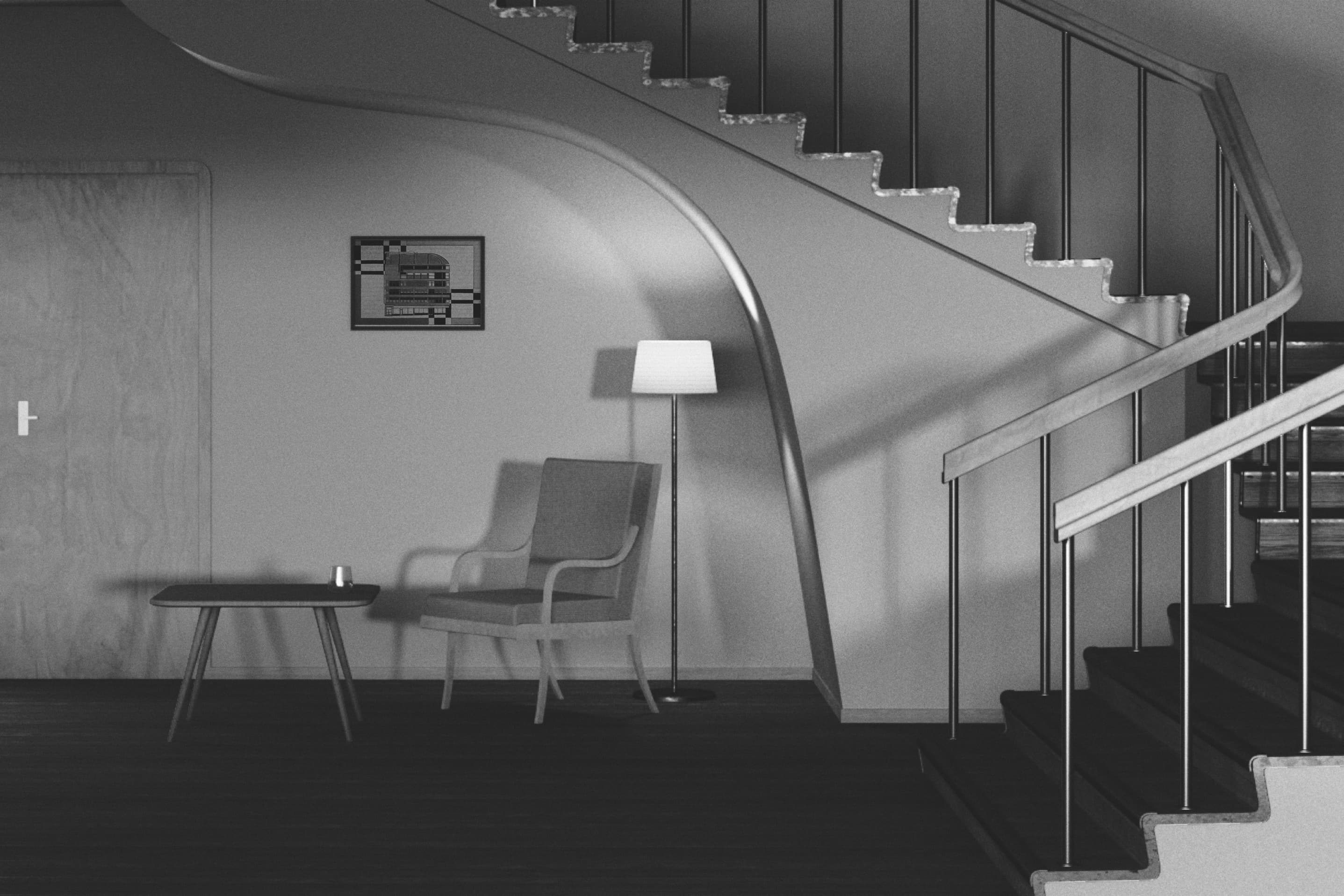 Reading nook beneath curved staircase