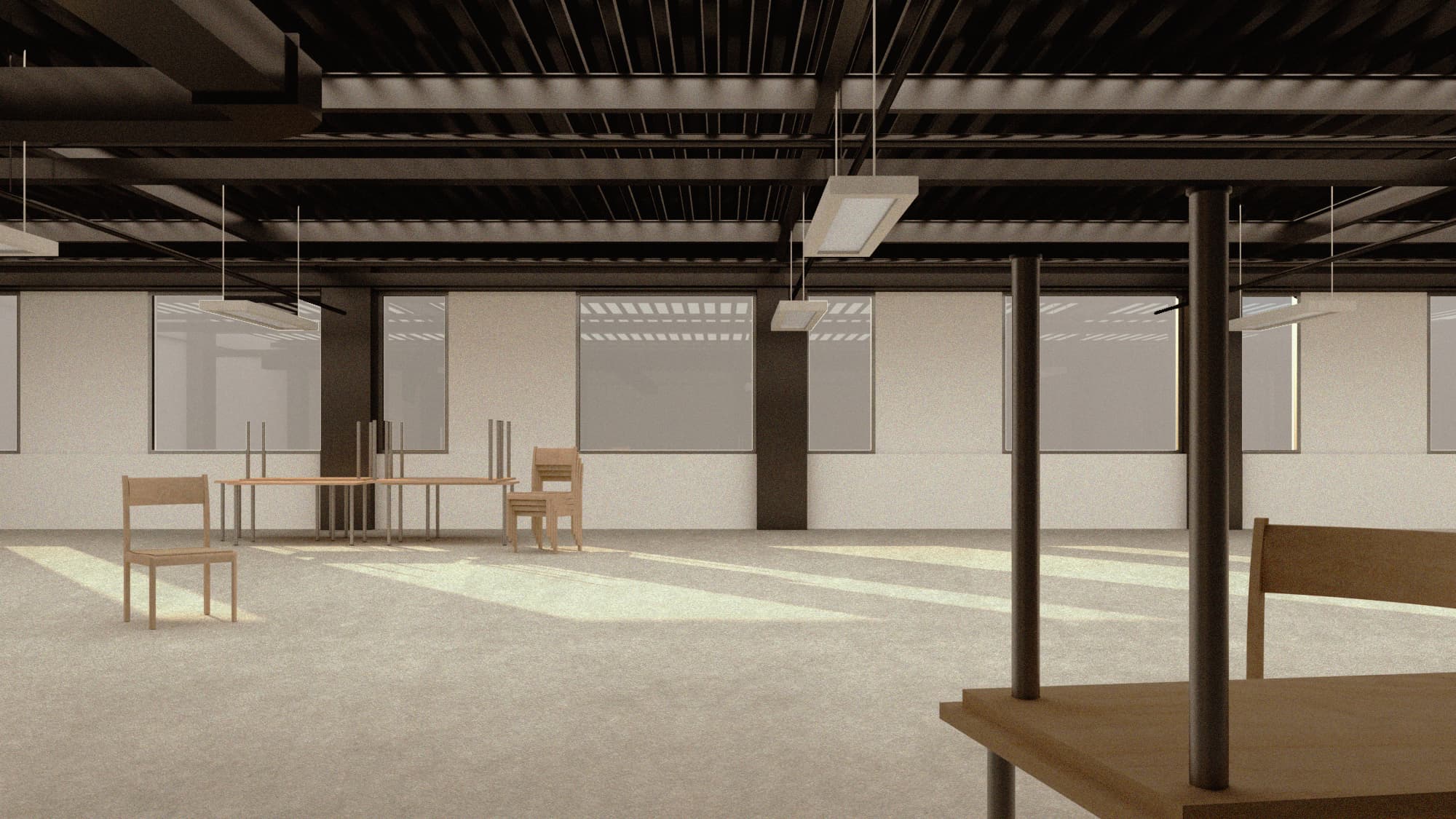 Open workspace with exposed steel structure