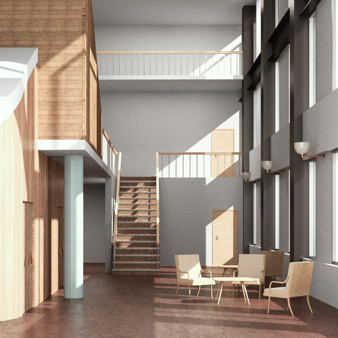 Atrium with staircase and vertical timber screens