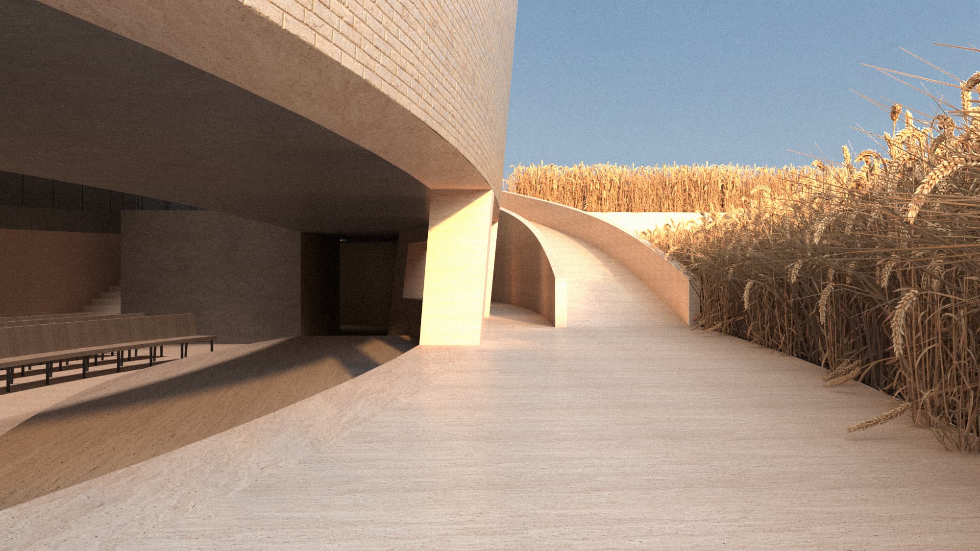 Arched entrance walkway alongside wheat field