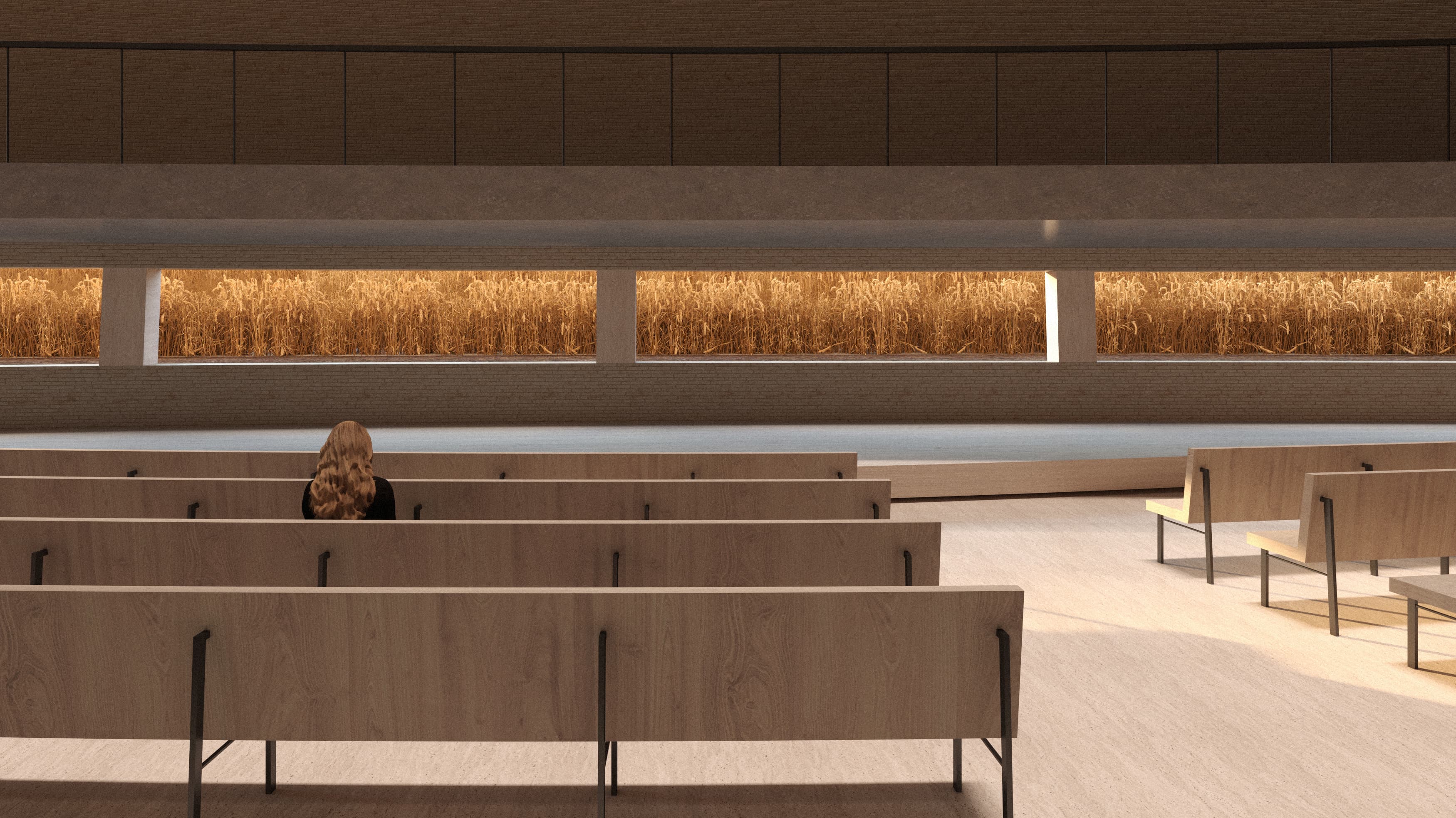 Farewell hall with tiered seating and horizontal windows