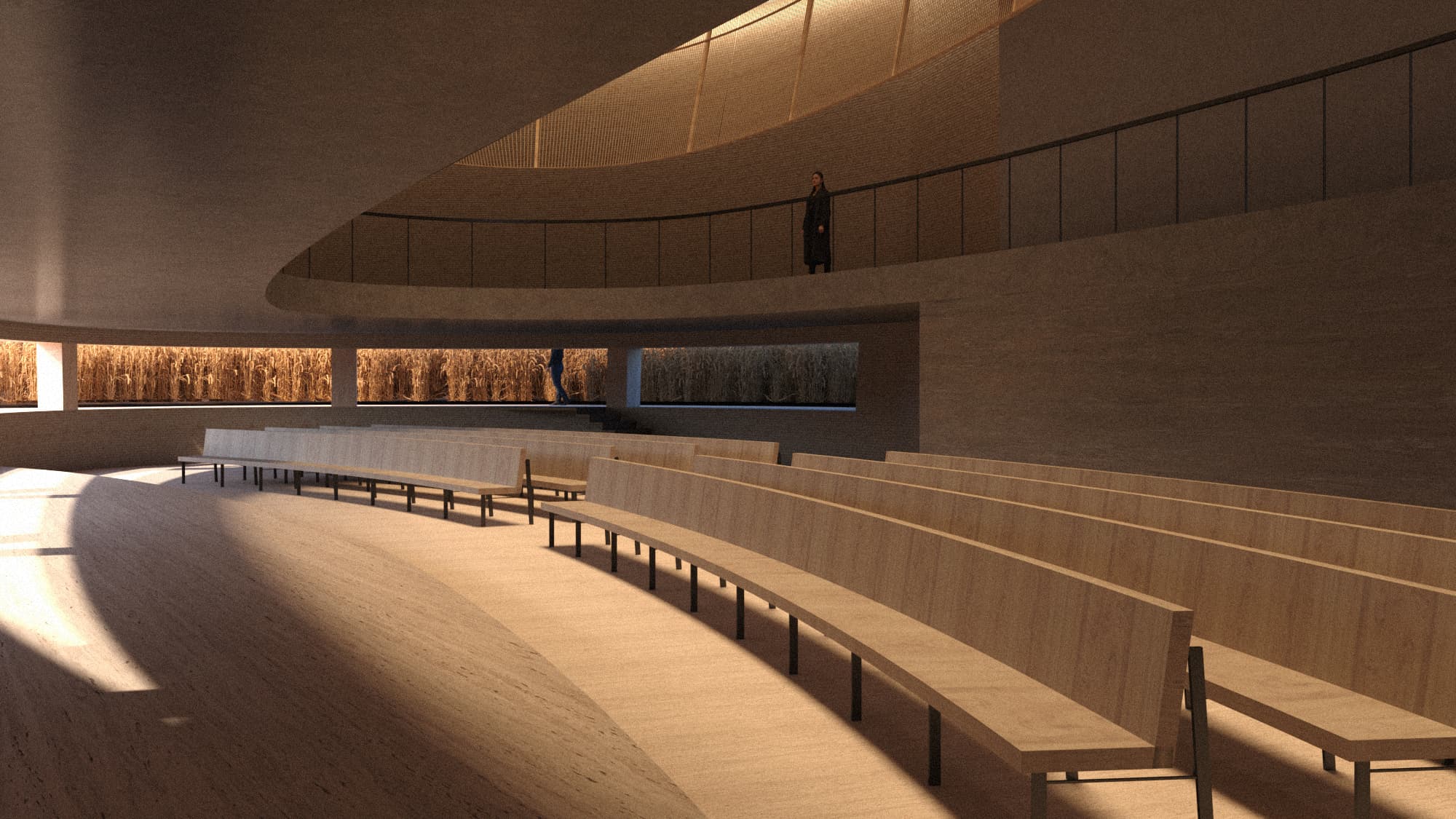 Curved interior of the farewell hall