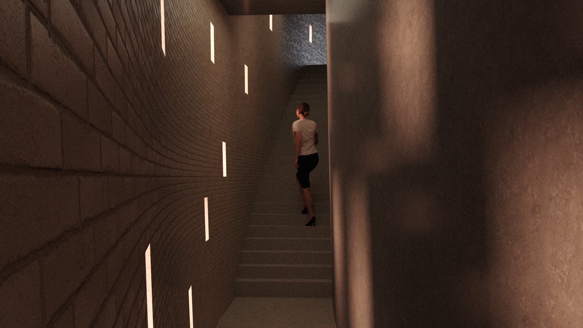 Narrow stairway with slit lighting
