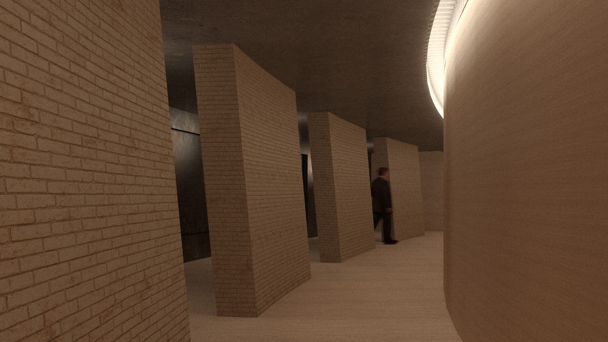 Interior with curved brick partition walls