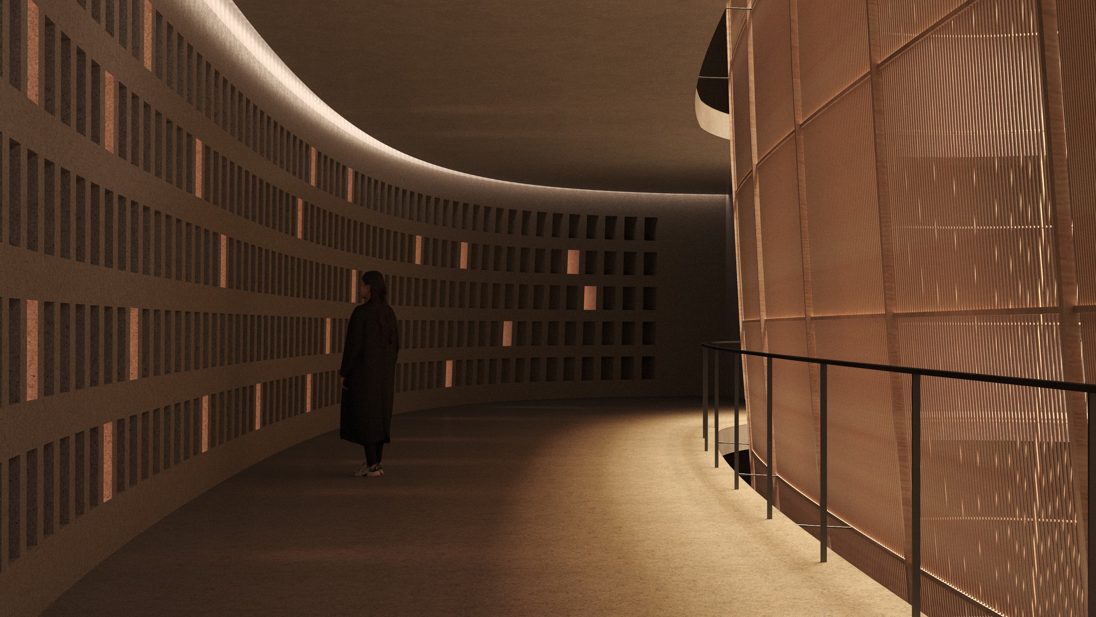 Columbarium corridor with perforated walls and oculus
