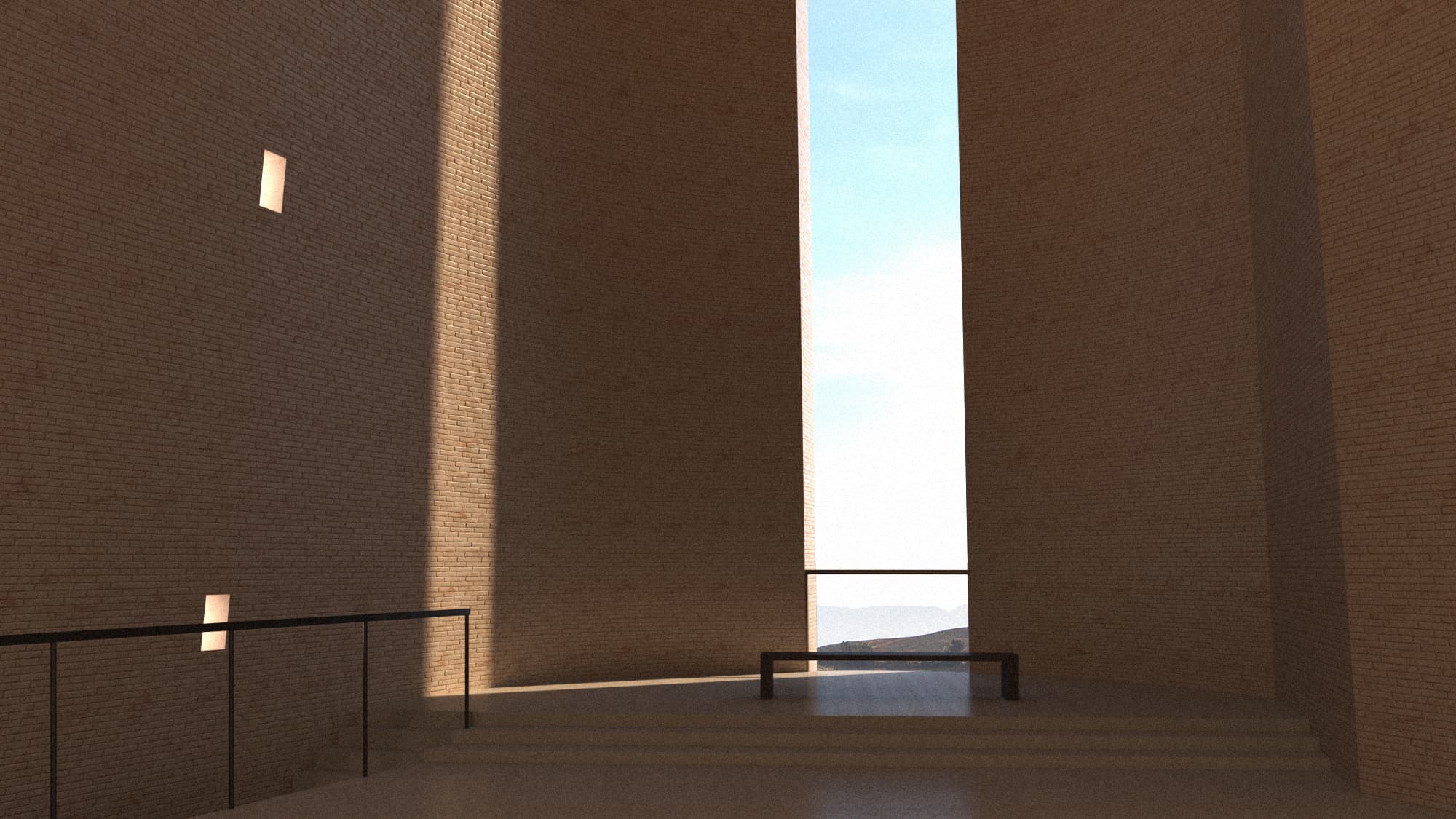 Vertical light slot between brick walls