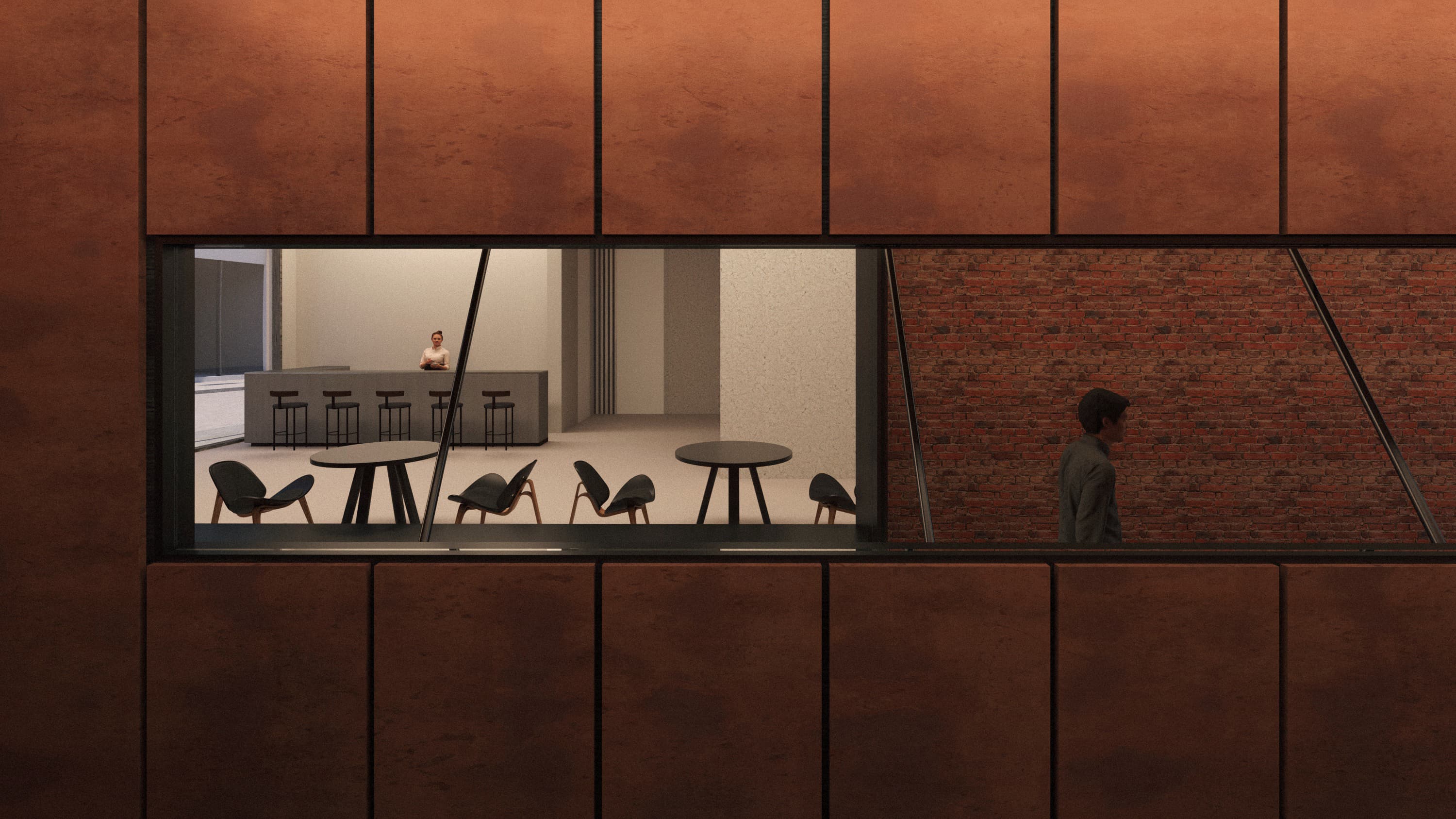 Cafe interior visible through corten facade opening