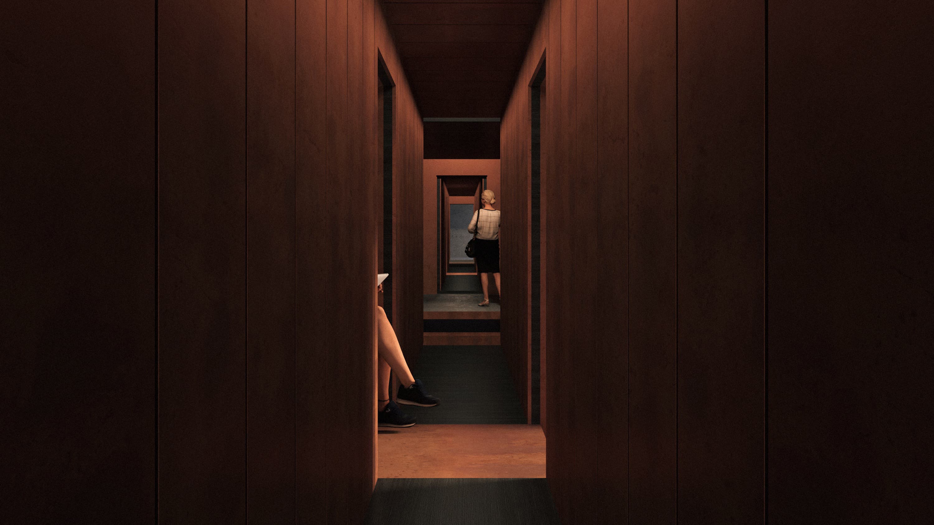 Dark corridor with figures at threshold