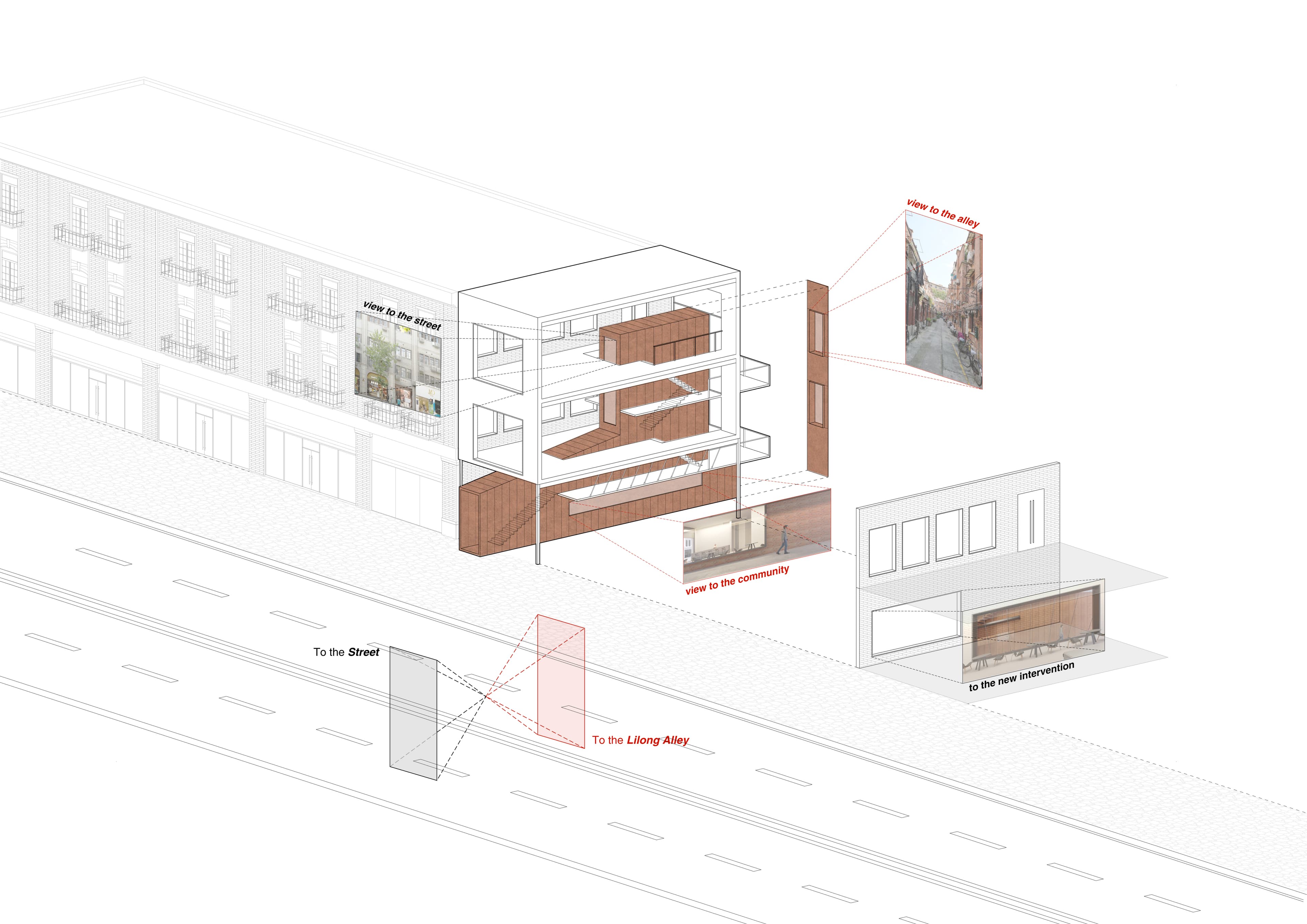 Exploded axonometric showing street, lilong, and intersection views